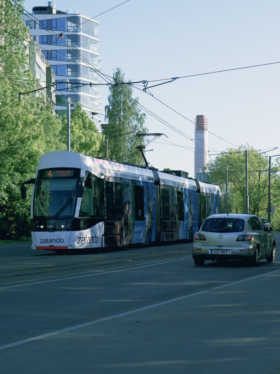 Tram line 4 is heading to the airport in Majaka area, Tallinn.