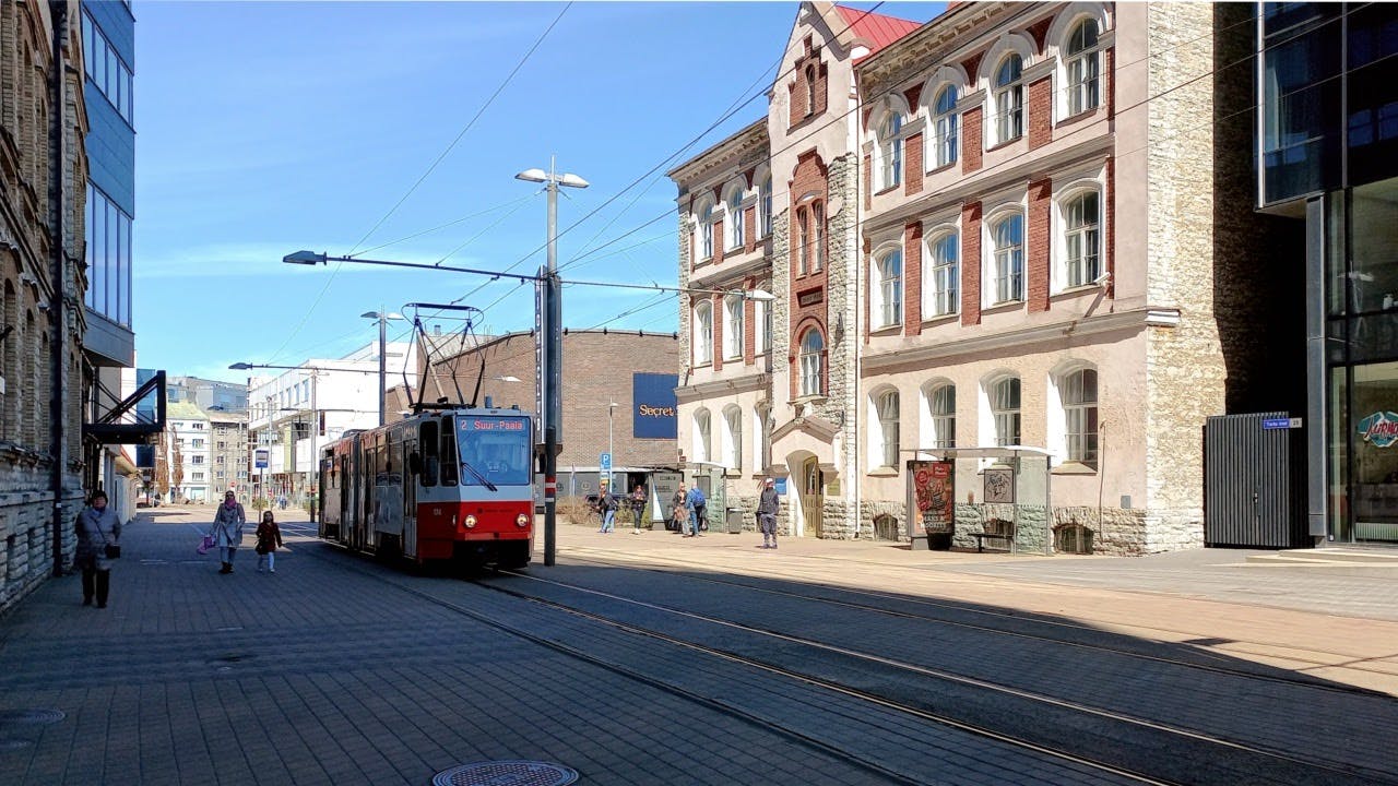 The tram is approaching Paberi tram stop in Tallinn.